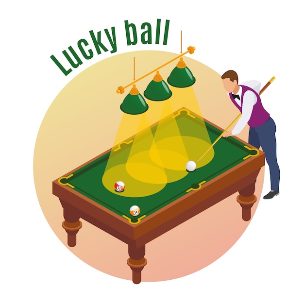 Vecteur gratuit composition isométrique de billard avec personnage de joueur masculin visant son bâton pour frapper la balle porte-bonheur dans la poche