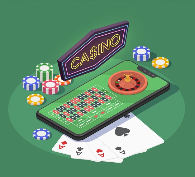 Composition isométrique de casino en ligne avec des cartes et des jetons de smartphone pour les jeux de hasard sur fond vert 3d