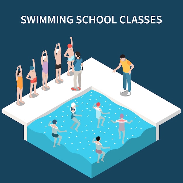 Vecteur gratuit composition isométrique des classes d'école de natation avec des formateurs enseignant aux enfants en illustration vectorielle de piscine