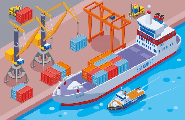 Vecteur gratuit composition isométrique et colorée du port maritime avec un grand cargo à l'illustration du port maritime