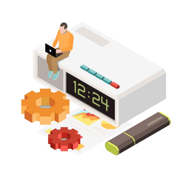 Composition isométrique de la date limite de planification de la gestion du temps avec le caractère du travailleur assis sur l'illustration vectorielle de l'horloge électronique