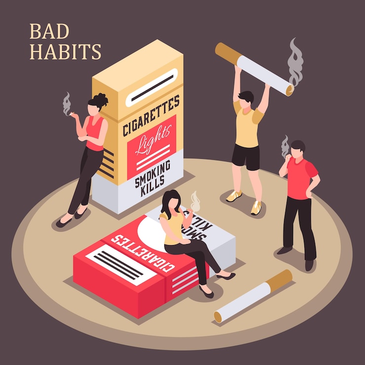 Vecteur gratuit composition isométrique de la dépendance au tabagisme hommes et femmes avec une cigarette allumée sur fond sombre illustration