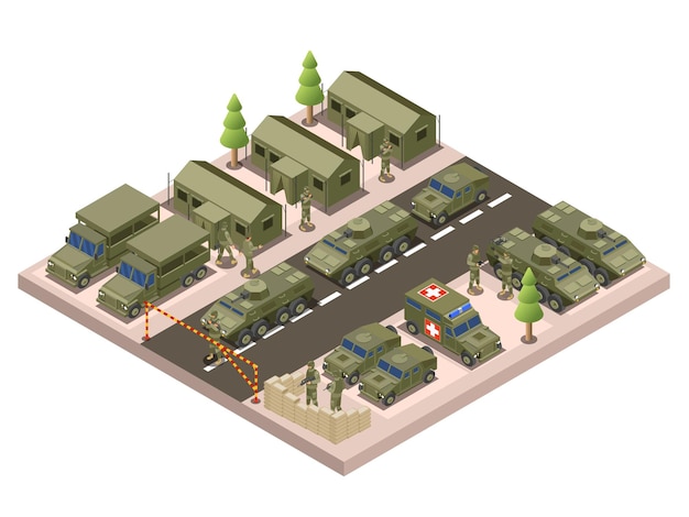 Vecteur gratuit composition isométrique du camp de l'armée avec vue sur la zone d'accès interdite avec des camions-citernes et illustration vectorielle de caserne