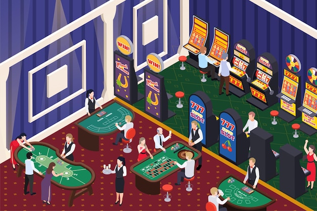 Vecteur gratuit composition isométrique du casino avec des serveurs de paysages intérieurs et des revendeurs aux tables de jeux avec illustration vectorielle de joueurs de machines à sous