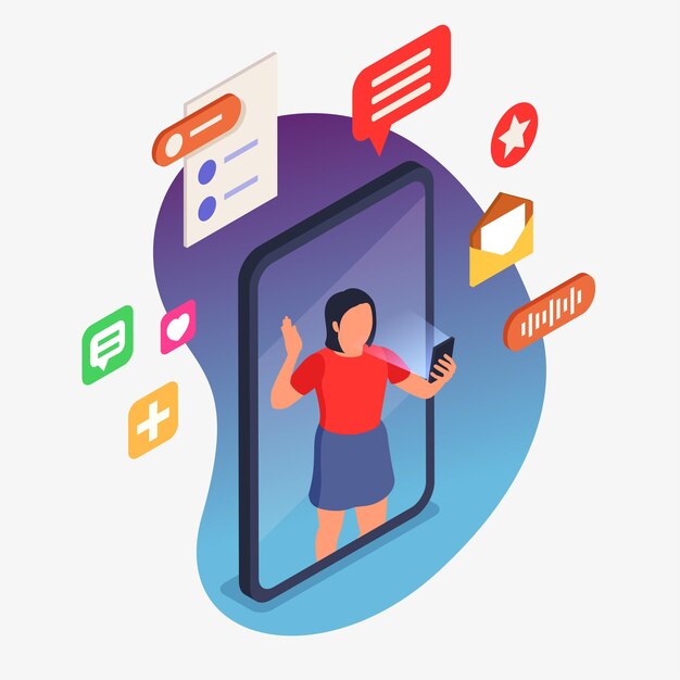 Composition isométrique du gestionnaire de communauté avec une femme sur l'écran du smartphone et les icônes des médias sociaux illustration vectorielle