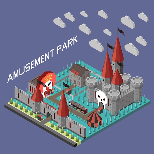 Composition Isométrique Du Parc D'attractions Avec Vue Isolée Des Bâtiments De Style Donjon Du Château Avec Illustration Vectorielle Mur Et Porte