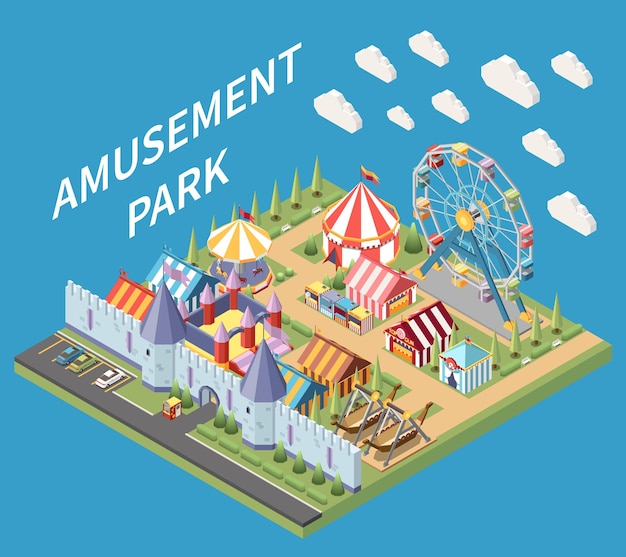 Vecteur gratuit composition isométrique du parc d'attractions avec vue isolée de la zone de loisirs avec mur de style médiéval et illustration vectorielle des attractions