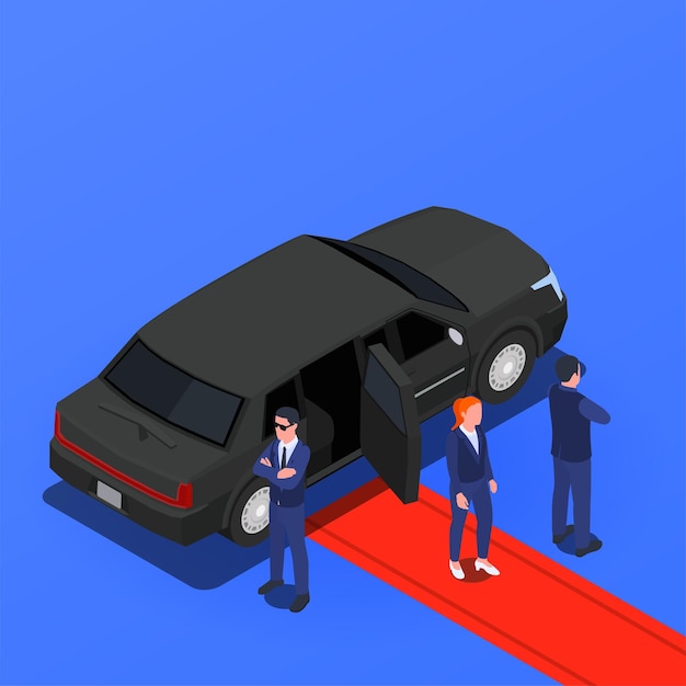 Vecteur gratuit composition isométrique du service de sécurité des gardes du corps avec une célébrité sortant d'une voiture blindée sur l'illustration vectorielle de tapis rouge