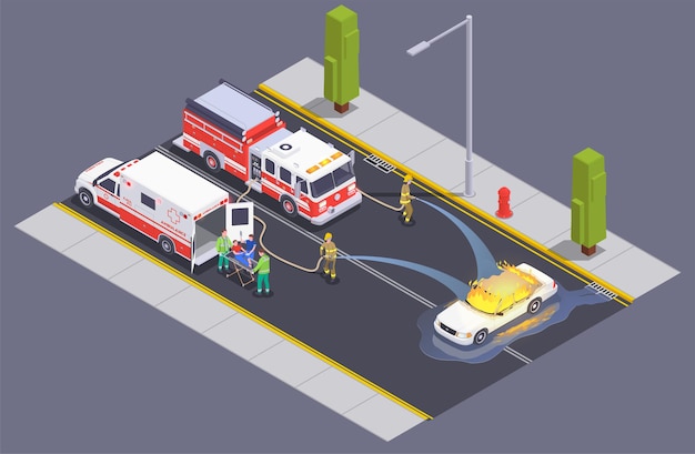 Vecteur gratuit composition isométrique du service d'urgence avec l'équipage des pompiers sur la rue mettant le feu hors de l'illustration de la voiture en feu