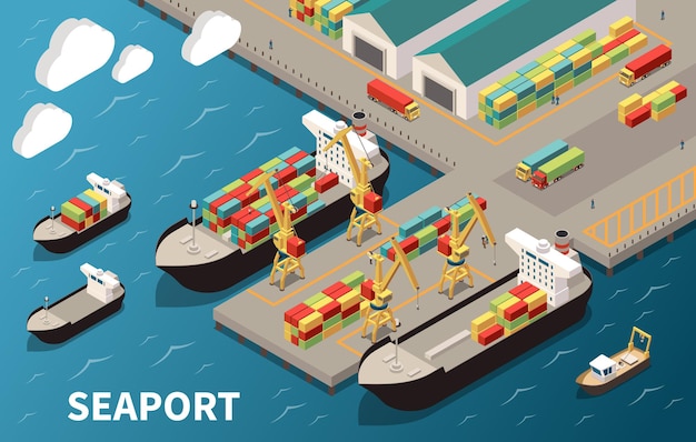 Vecteur gratuit composition isométrique du terminal du port maritime avec chargement, déchargement de porte-conteneurs, grues, grues, entrepôt de transport de fret