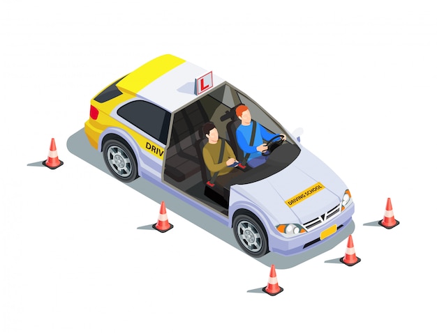 Vecteur gratuit composition isométrique de l'école de conduite avec des images de l'instructeur et de l'apprenant en voiture entourée d'illustration de cônes de sécurité