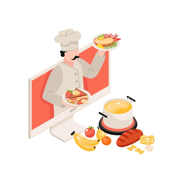 Composition isométrique de l'école de cuisine avec de délicieux ingrédients de plats et caractère du chef 3d