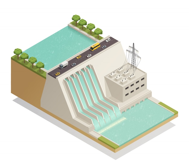 Vecteur gratuit composition isométrique d'énergie hydraulique à énergie verte