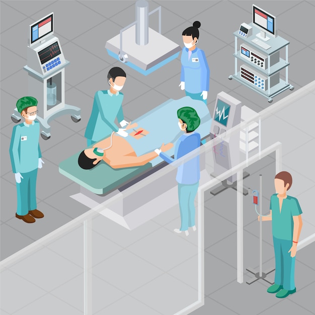 Composition isométrique de l'équipement médical avec des personnages humains de médecins en salle d'opération avec illustration vectorielle de matériel de salle d'opération