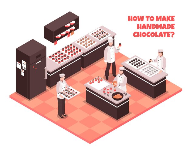 Composition isométrique de fabrication de chocolat avec du personnel montrant comment faire du chocolat à la main