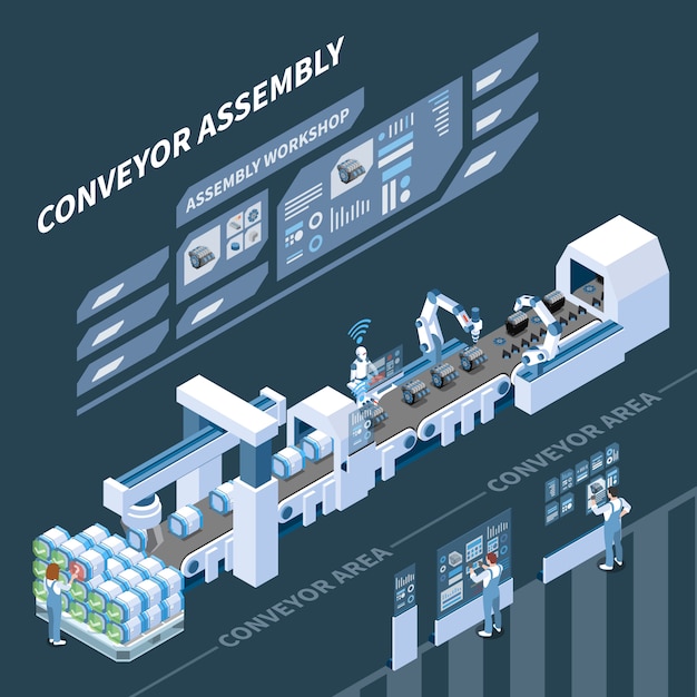 Vecteur gratuit composition isométrique de fabrication intelligente avec panneau de commande holographique du convoyeur d'assemblage sur fond sombre