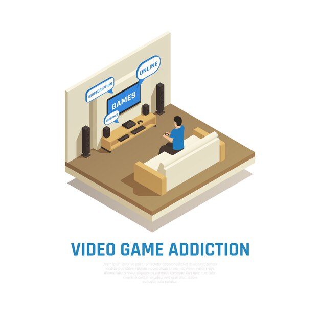 Composition isométrique de gadget Internet smartphone addiction avec vue du salon avec personne jouant à des jeux vidéo illustration vectorielle