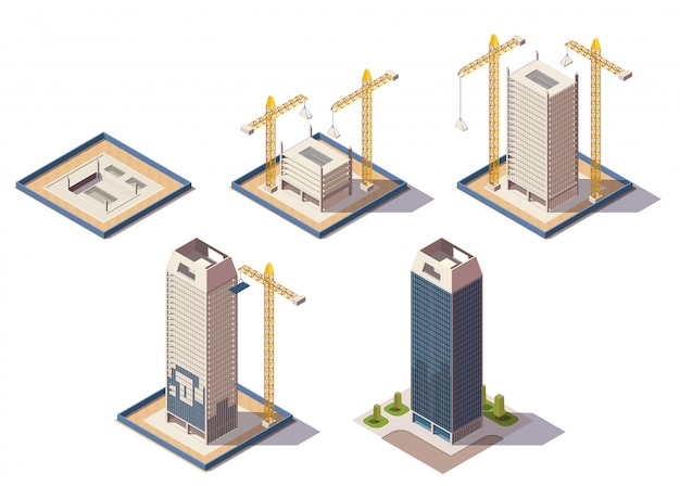 Vecteur gratuit composition isométrique de gratte-ciel de la ville avec des images isolées du chantier de construction représentant différentes étapes de l'illustration vectorielle du processus de construction