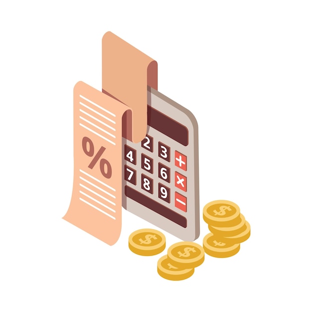 Composition isométrique hypothécaire avec des images de tas de pièces de monnaie de calculatrice et reçu avec illustration vectorielle de pourcentage