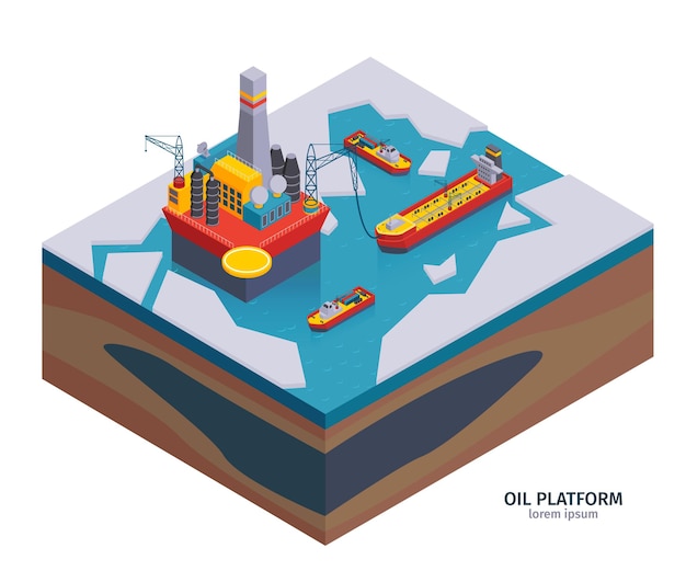 Vecteur gratuit composition isométrique de l'industrie pétrolière avec texte modifiable et images de la plate-forme d'extraction de pétrole sur l'illustration de la glace,