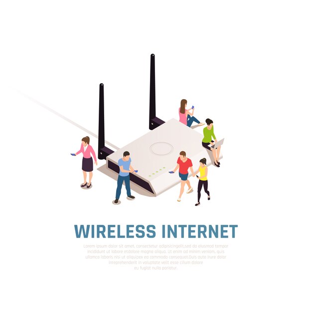 Composition isométrique d'Internet sans fil avec de petites personnes autour d'un grand routeur se connectant par des smartphones