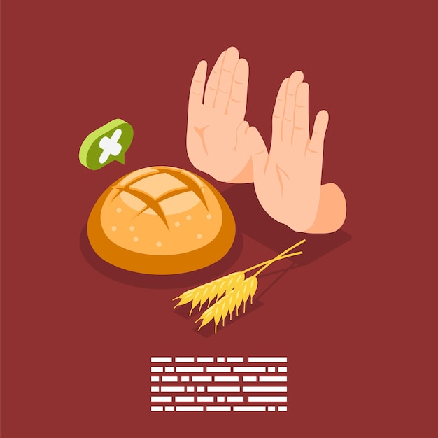 Vecteur gratuit composition isométrique d'intolérance au gluten du signe d'interdiction mains geste germes de blé et pain sur illustration vectorielle fond solide