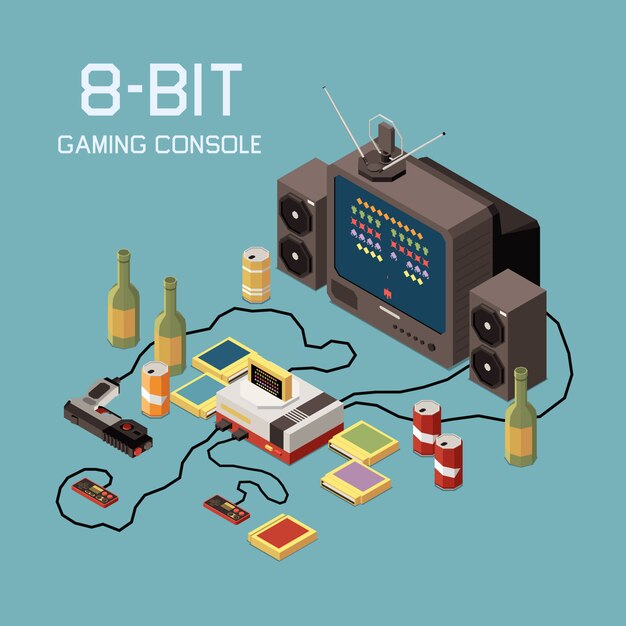 Composition isométrique des joueurs de jeux avec des images de la console de télévision vintage et des bouteilles de boisson