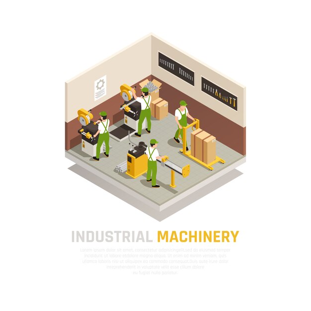 Composition isométrique de machines industrielles avec symboles de travailleurs d'usine