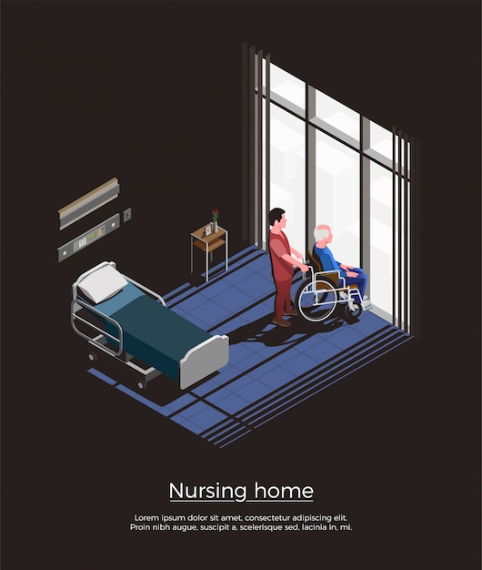 Vecteur gratuit composition isométrique de la maison de soins infirmiers avec un homme âgé assis sur un fauteuil roulant et son gardien à l'intérieur de la chambre