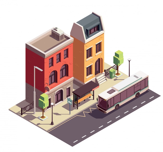 Vecteur gratuit composition isométrique des maisons en rangée avec arrêt de bus historique et deux maisons d'habitation sur la rue de la ville