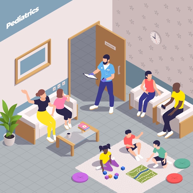 Composition Isométrique Pédiatre Pédiatre Avec Paysage Intérieur Intérieur Et Parents En Attente De Rendez-vous Chez Le Médecin Avec Illustration Vectorielle Enfants