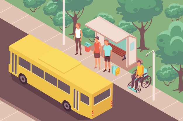 Composition isométrique des personnes à l'arrêt de bus avec paysage extérieur et bus jaune près de l'arrêt avec des personnes en attente