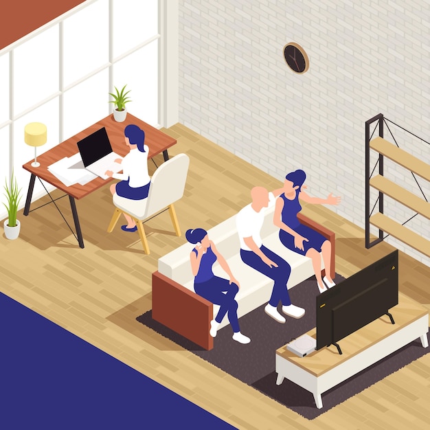Composition isométrique de personnes assises avec une fille de paysage de salon travaillant à table pendant que des amis regardent l'illustration vectorielle de télévision