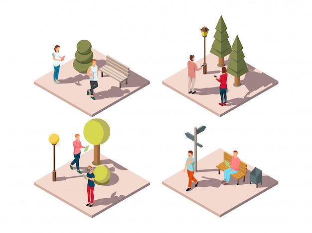 Vecteur gratuit composition isométrique de personnes gadgets avec les visiteurs du parc urbain lire des textos en écoutant de la musique sur le pouce aller illustration vectorielle