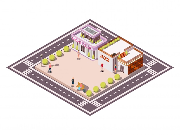 Vecteur gratuit composition isométrique de la place de la ville délimitée par des chaussées avec des lits de jardin de bâtiments clubhouse jazz et gens vector illustration