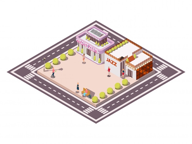 Composition isométrique de la place de la ville délimitée par des chaussées avec des lits de jardin de bâtiments clubhouse jazz et gens vector illustration