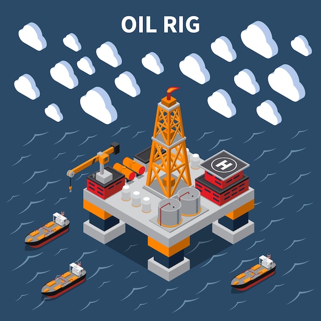 Vecteur gratuit composition isométrique avec plate-forme pétrolière et pétroliers illustration 3d