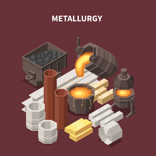 Composition isométrique des produits de base avec des images de wagons à tubes de pots à feu et divers produits industriels de production métallurgique