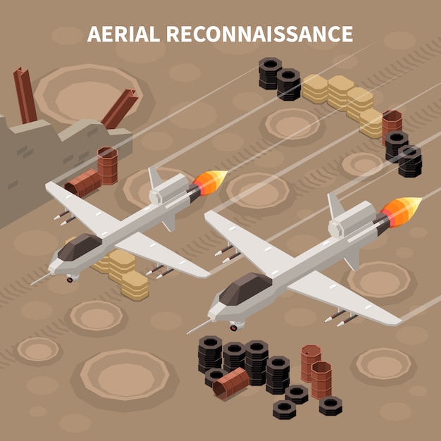 Composition Isométrique Des Quadrocoptères De Drones Avec Des Images D'avions Militaires Volants Effectuant Des Reconnaissances Et Différents Objets Au Sol