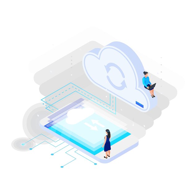 Composition isométrique des services cloud avec des icônes d'écrans de tablette synchronisés avec le cloud avec illustration vectorielle de personnages humains