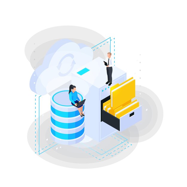 Composition isométrique des services cloud avec des personnages de travailleurs et une armoire avec des dossiers et une illustration vectorielle de capsule de serveur