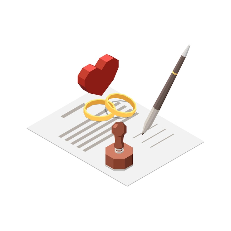 Vecteur gratuit composition isométrique des services de notaire avec coeur et anneaux au-dessus de l'illustration vectorielle de contrat papier