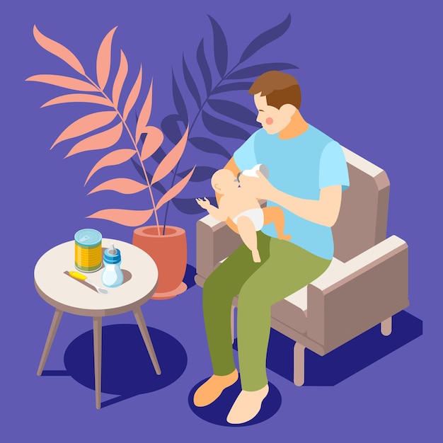 Composition isométrique de soins infantiles avec le père assis confortablement dans un fauteuil bénéficiant d'une illustration de bébé biberon
