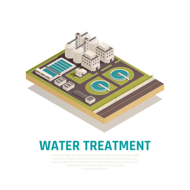 Composition isométrique de la station d'épuration des eaux usées avec bassins de décantation séparation filtration installations d'oxydation purification