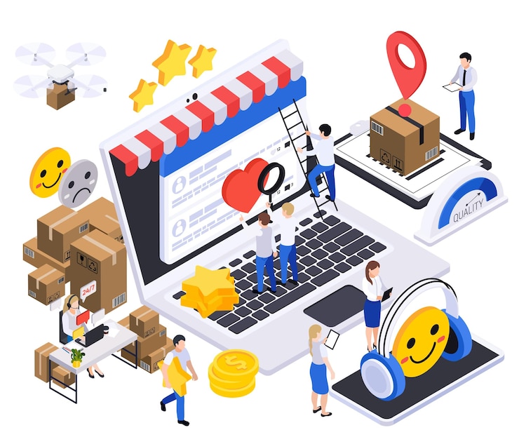 Vecteur gratuit composition isométrique de stratégie de croissance d'entreprise avec des boîtes de colis de devanture d'ordinateur portable étoiles et réactions cardiaques et illustration vectorielle de personnes