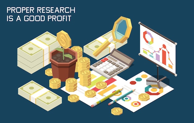 Composition isométrique de la stratégie marketing avec des images de bureau de piles de pièces de monnaie et de papiers de calculatrice