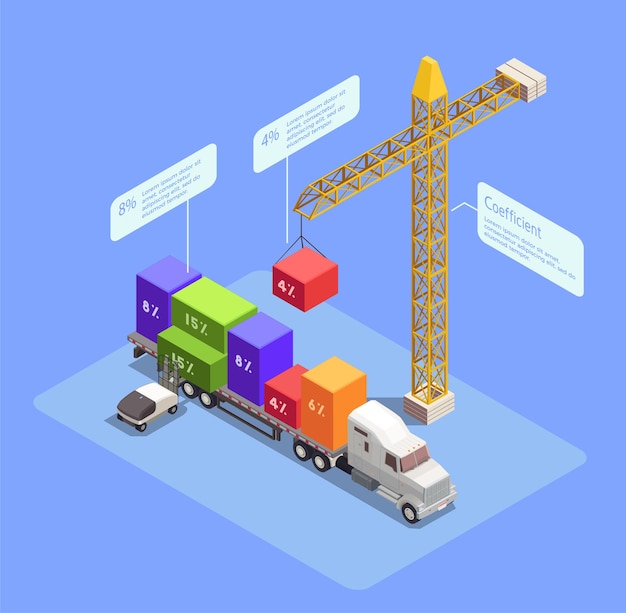 Composition Isométrique De Transport De Fret Avec Grue Chargeant Des Conteneurs Colorés