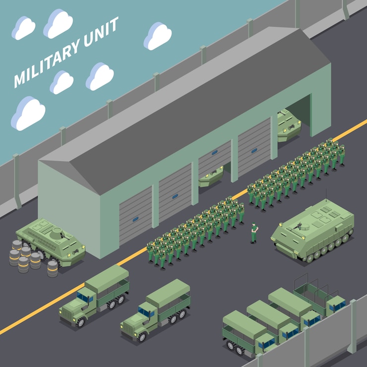 Vecteur gratuit composition isométrique de l'unité militaire avec des camions de l'armée, des véhicules de combat d'infanterie et des soldats dans les rangs