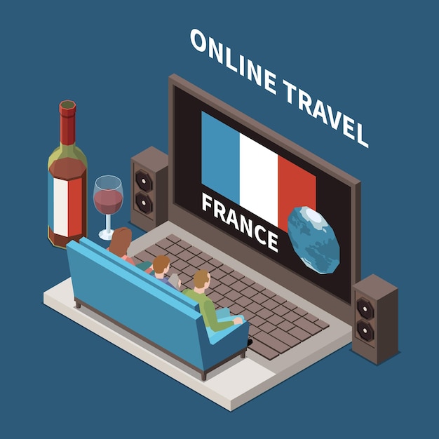 Vecteur gratuit composition isométrique de voyage en ligne avec des gens qui regardent un programme sur la france sur un ordinateur portable