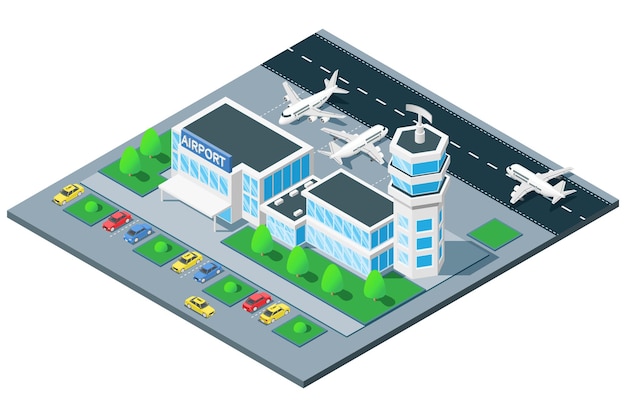 Composition isométrique de vue à vol d'oiseau du terminal de l'aéroport avec avion de la tour de contrôle du trafic